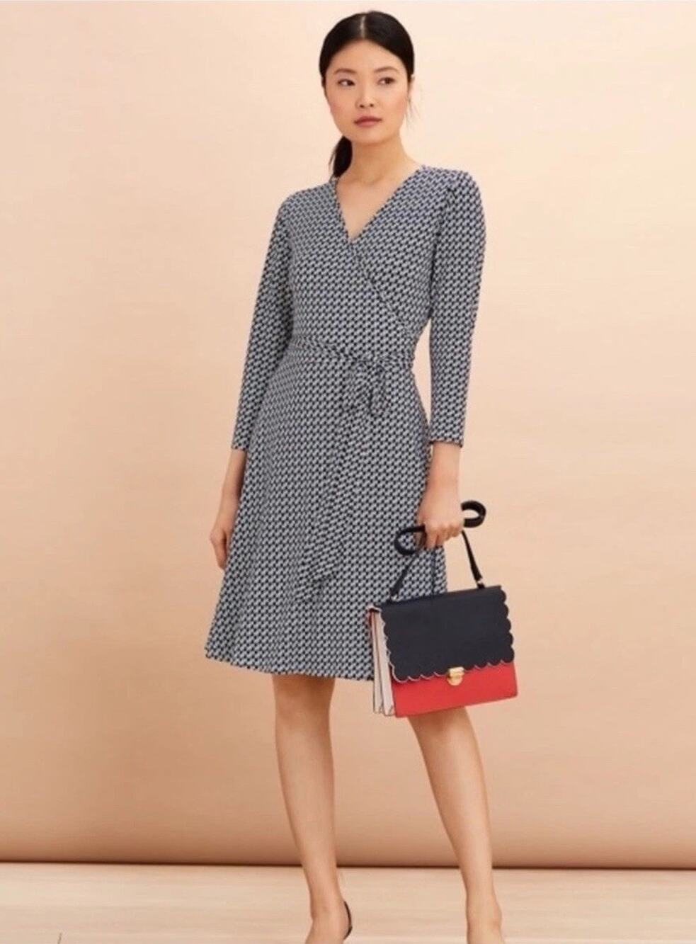 Brooks Brothers Red Fleece Wrap Dress XS Navy RF Logo AOP, Preppy Office Party